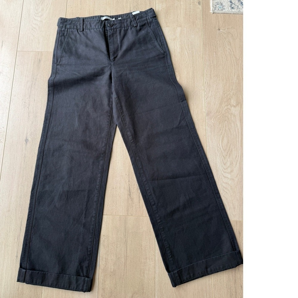 Vince Black Linen Cotton Wide Leg Cuffed Trousers Pants Size 10 Italian Fabric